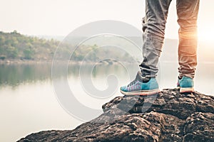 Men tourists in beautiful nature in tranquil scene