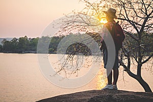 Men tourists in beautiful nature in tranquil scene.