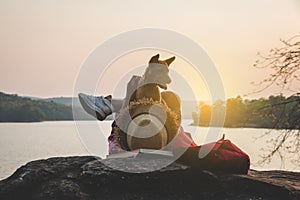 Men tourists in beautiful nature in tranquil scene.