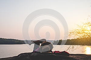 Men tourists in beautiful nature in tranquil scene.