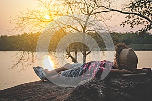 Men tourists in beautiful nature in tranquil scene.