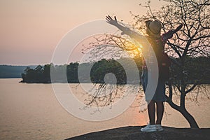 Men tourists in beautiful nature in tranquil scene.