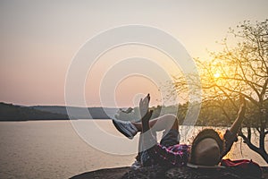 Men tourists in beautiful nature in tranquil scene.