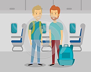 Men travelers in the airplane