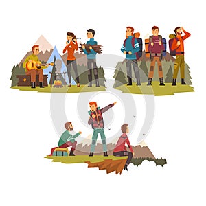 Men travelling together, camping people, tourists hiking in mountains, backpacking trip or expedition vector