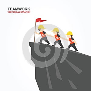 Men try to help their friend to climb the cliff. Vector illustration