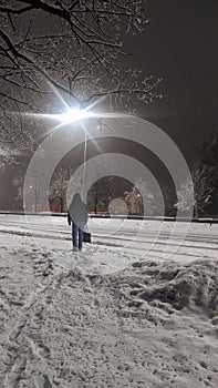 Men under city street lamp at winter night