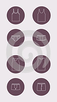 Men underwear. Tank top and boxer pants. Clothes line icon in the circle. Linear symbol. Outline sign.