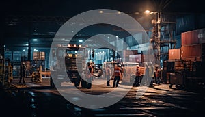 Men unloading cargo containers from forklift at busy distribution warehouse generated by AI