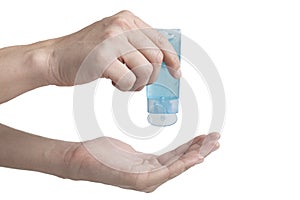 Men use alcohol gels to clean hand sanitizer