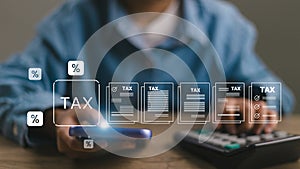 Men using smartphones fill out corporate and personal income tax returns, VAT, and property tax of business. Corporate and