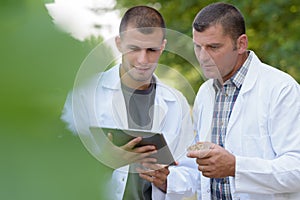 men in vineyard looking at digital tablet