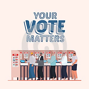 Men at voting booth with your vote matters text vector design