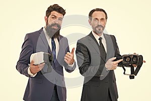 Men vr glasses modern technology. Virtual business. Online business concept. Men bearded formal suits. Digital and cyber