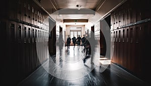 Men walking in blurred motion through modern office corridor generated by AI