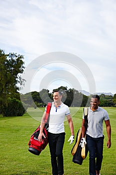 Men, walking and golf course for professional sport, happy and training together with commitment on field. Athlete