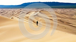 Men walking in the mongolian desert sand dunes. Young men walking golden sand on a bright summer day, Mongolia holliday