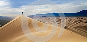 Men walking in the mongolian desert sand dunes. Young men walking golden sand on a bright summer day, Mongolia holliday