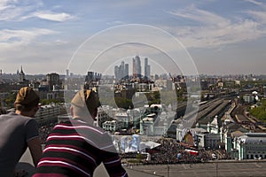 Men watching Victory Parade, Moscow, Russia