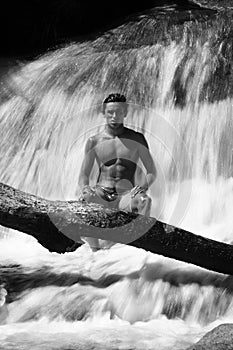 Men and waterfall