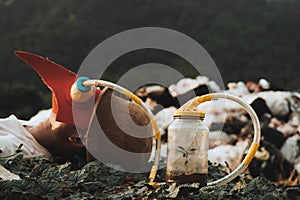 Men wear a toxic mask with a long cord attached to a glass bottle with trees growing inside a glass bottle to create oxygen.