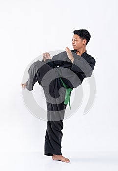 Men wearing pencak silat uniforms with green belts perform defensive leg movements from kicks