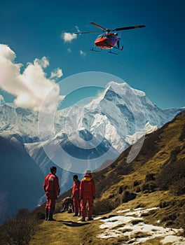 Men wearing red uniform are waiting the helicopter to land. Mission on rescuing in the mountains. Generative AI