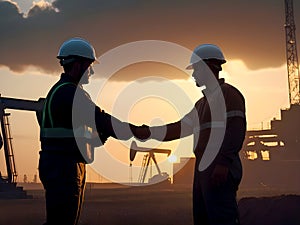 Men wearing safety helmets and shaking hands on oil field. AI generated