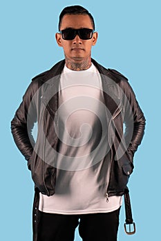 Men wearing white long sleeve t shirt isolated on background.