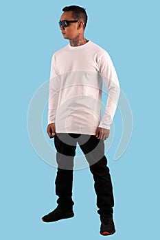 Men wearing white long sleeve t shirt isolated on background