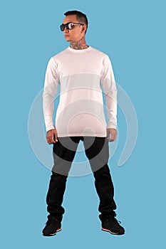 Men wearing white long sleeve t shirt isolated on background