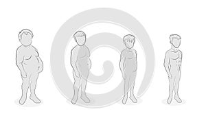 Men weight loss. different stages of completeness. healthy lifestyle. proper nutrition. vector illustration. photo