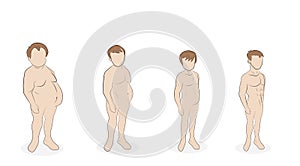 Men weight loss. different stages of completeness. healthy lifestyle. proper nutrition. vector illustration.