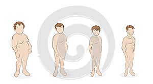 Men weight loss. different stages of completeness. healthy lifestyle. proper nutrition. vector illustration. photo