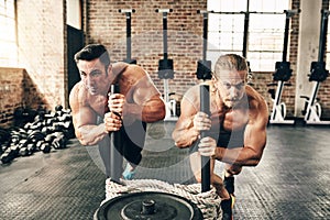 Men, weights training and together with sled, rope and top view for fitness, health or workout with pushing. Bodybuilder