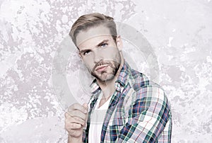 Men with well-groomed hair. barbershop concept. sexy guy casual style. macho man grunge background. male fashion spring