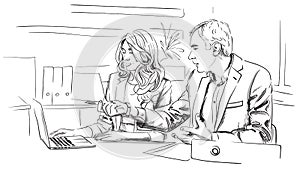 Men and woman business talking in the office Vector. Storyboard digital template. Sketch style line arts
