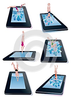 Men And Woman Diving Into Digital Tablet