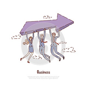 Men and woman in formal clothes holding big arrow, entrepreneurship metaphor, successful partnership, coworking banner