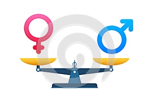 Men and women 3D symbols on scales. Gender icon. Vector stock illustration.
