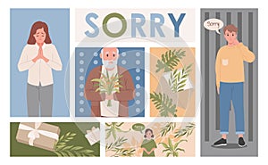 Men and women apologizing to offended people sending excusing gifts vector flat illustration.