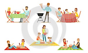 Men and women on the barbecue and picnics. Vector illustration.