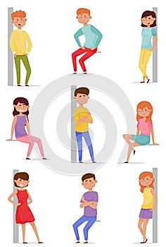 Men and Women Characters Standing Braced Against the Wall and Sitting in Different Poses Vector Illustrations Set