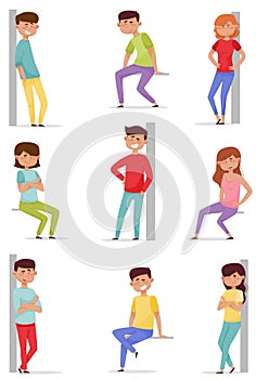 Men and Women Characters Standing Braced Against the Wall and Sitting in Different Poses Vector Illustrations Set