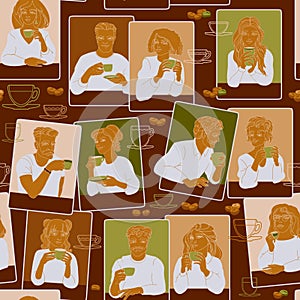 Men and women with a cup of coffee. Vector. Seamless