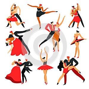 Men and women dancing ballroom and Latin American dances, isolated pairs