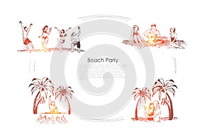 Men and women, dancing, playing guitar, dj performance, couple on romantic vacation, beach party banner