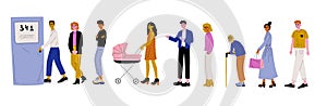 Men and Women Dressed in Casual Clothes Standing in Line or Queue near Door Vector Illustration