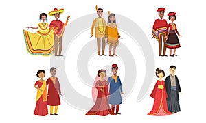 Men and Women Dressed Folk Costumes of Various Countries Set, Peru, Ameican Indian, Mexico, India, China, Japan, Vector