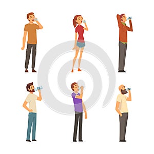 Men and women drinking water from plastic bottles and glasses set cartoon vector illustration